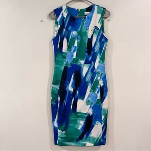Calvin Klein Royal Blue Green Scuba Knit Sleeveless Sheath Dress Size 6